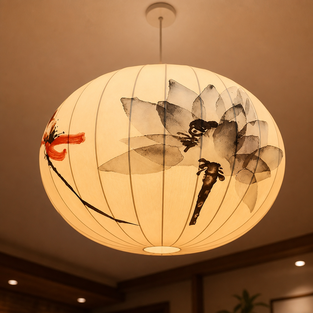 Ink Wash Lotus Pattern Pendant Light