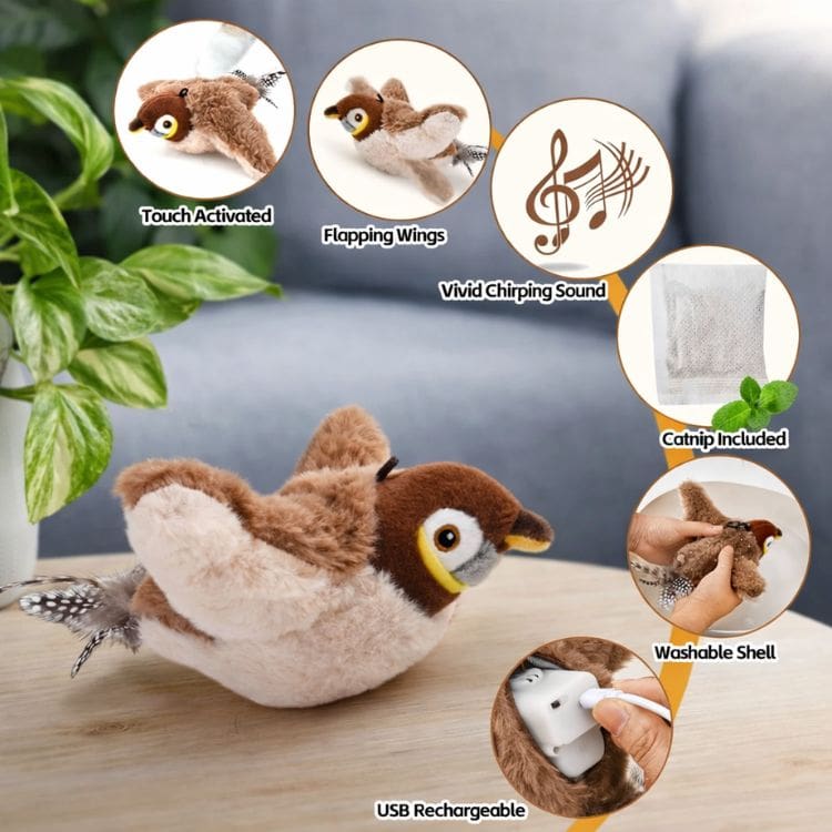 Interactive Cat Toy Lifelike Wings & Bird Sounds USB Rechargeable