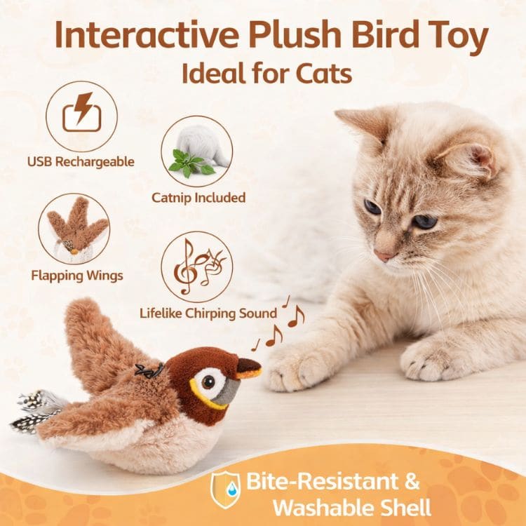 Interactive Cat Toy Lifelike Wings & Bird Sounds USB Rechargeable