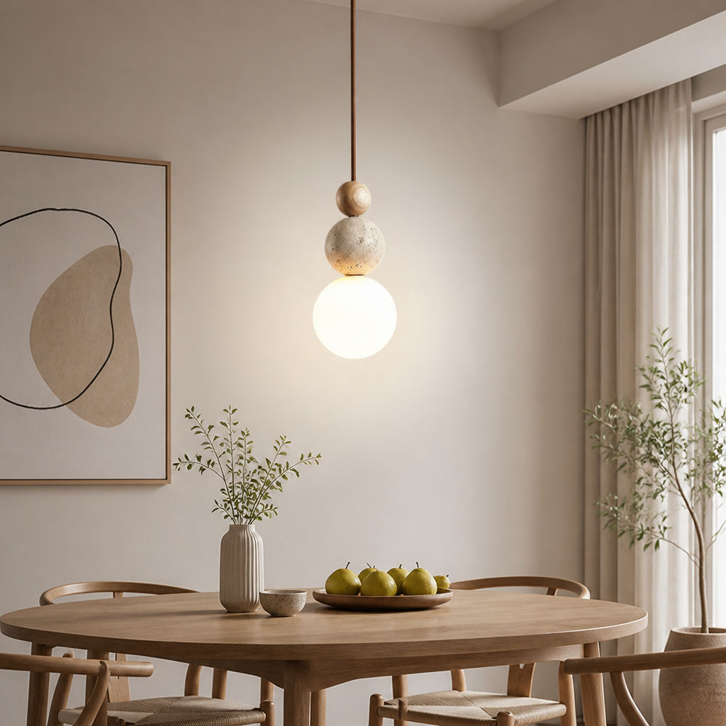 Japandi Stone & Wood LED Chandelier