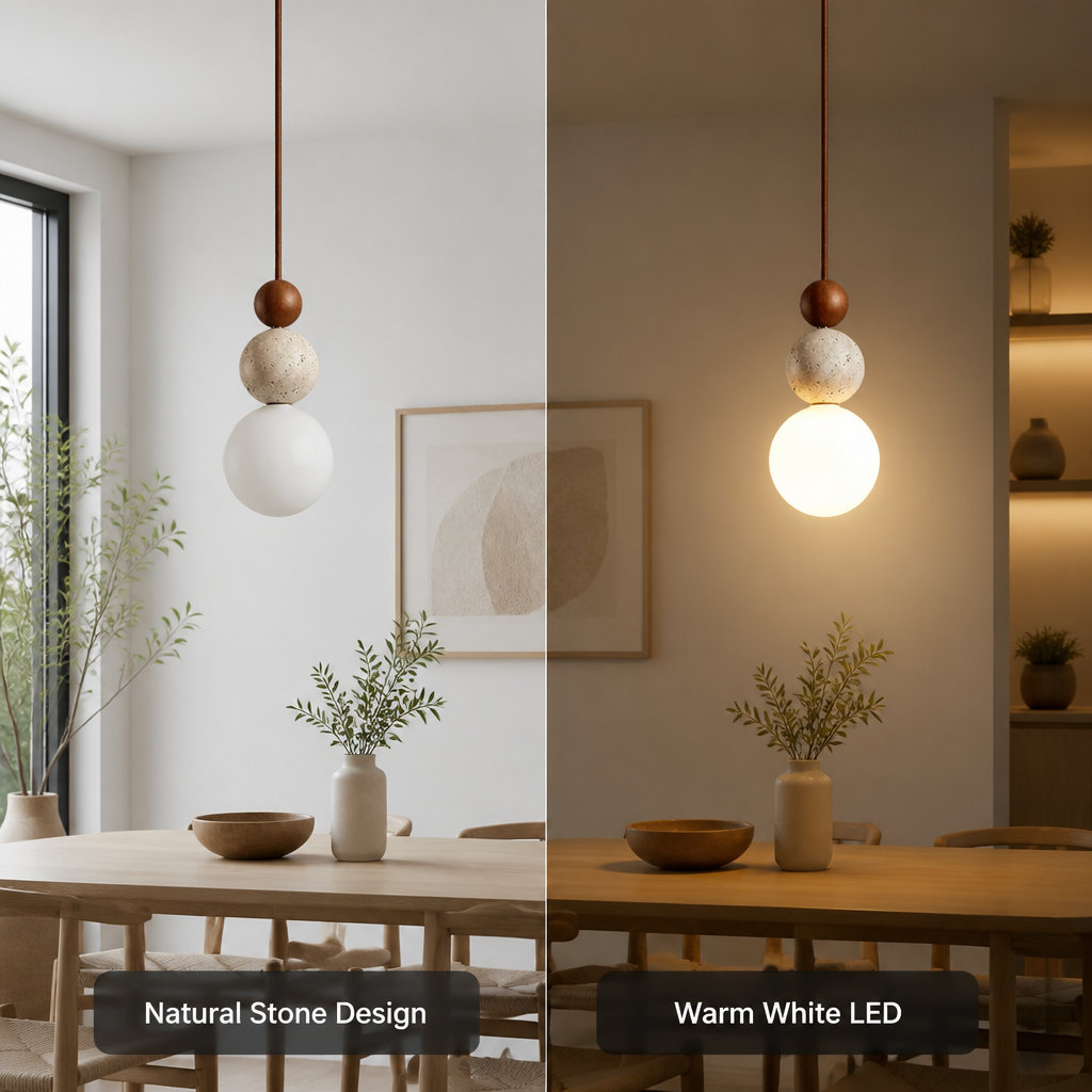 Japandi Stone & Wood LED Chandelier