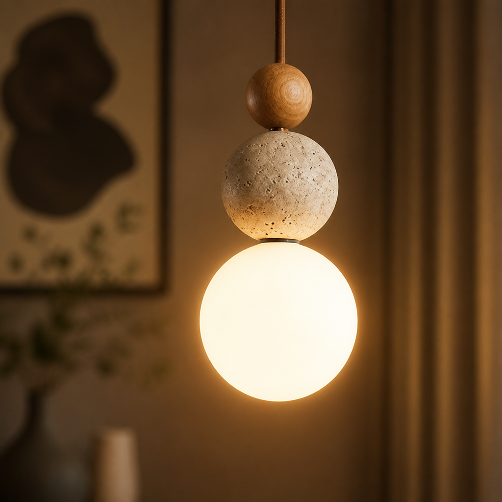Japandi Stone & Wood LED Chandelier
