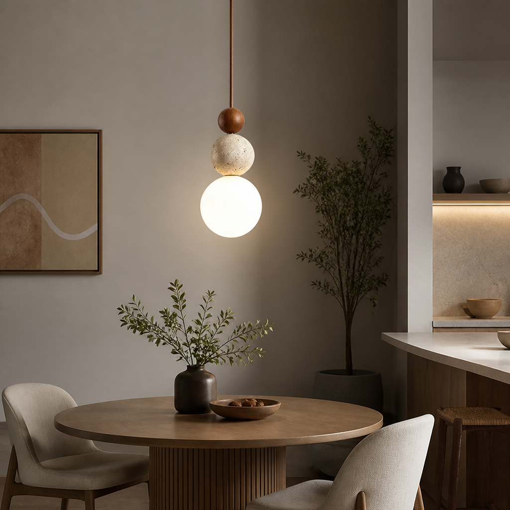 Japandi Stone & Wood LED Chandelier