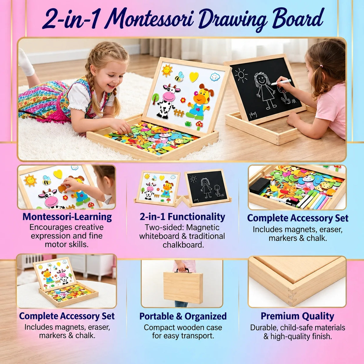 Kids Drawing Board Magnetic & Writable Foldable With Storage