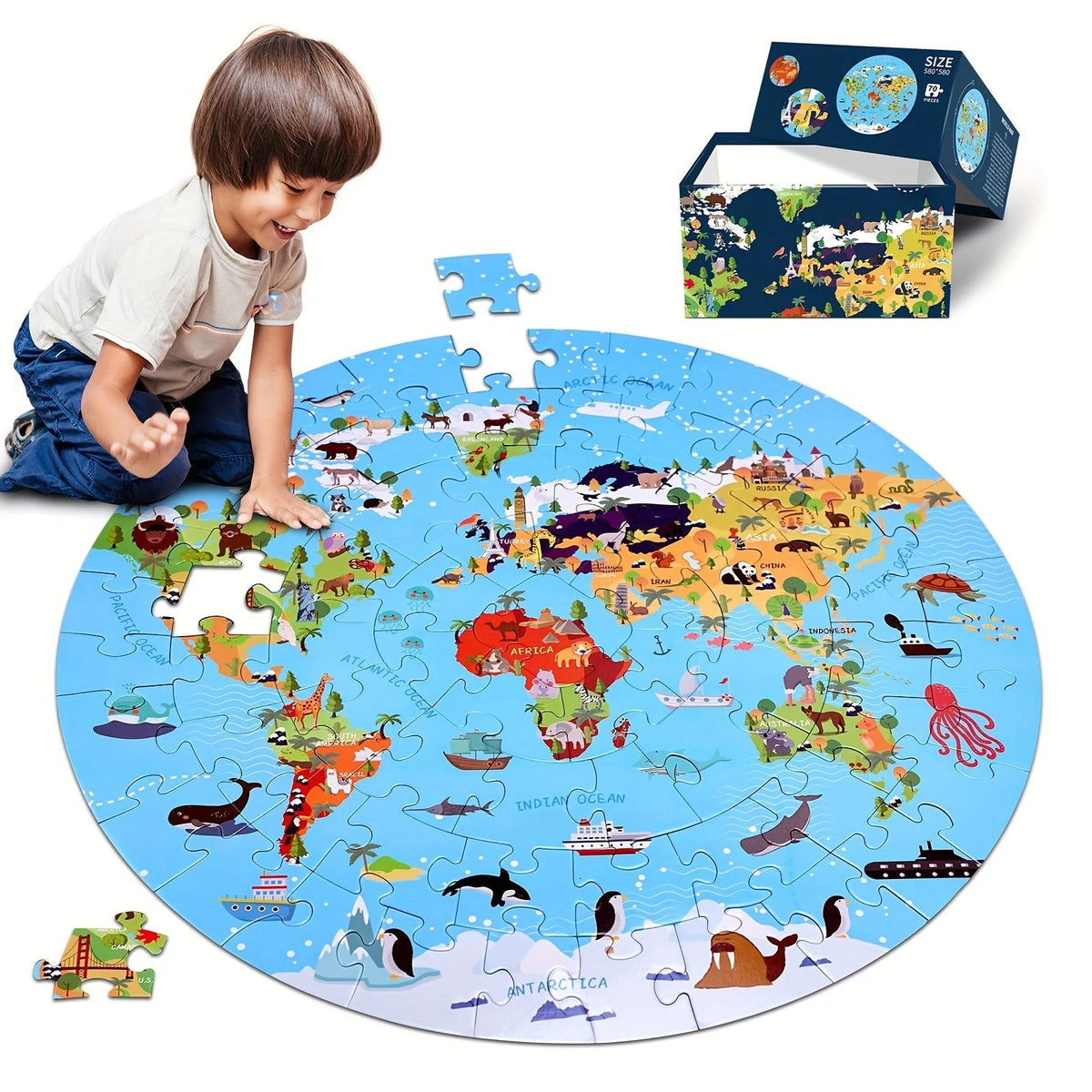 Kids Floor Puzzle Round World Map Animal Motifs 70 Pieces