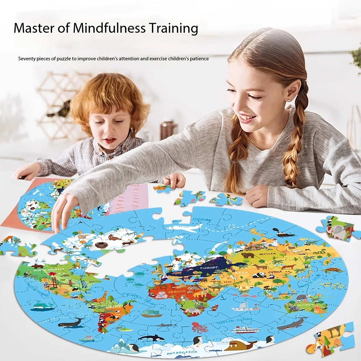 Kids Floor Puzzle Round World Map Animal Motifs 70 Pieces