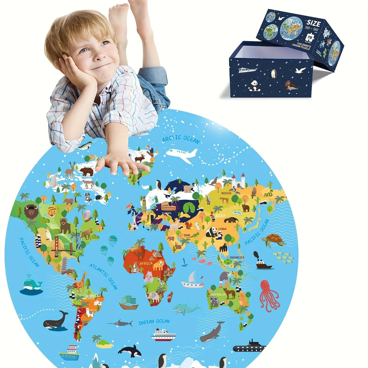 Kids Floor Puzzle Round World Map Animal Motifs 70 Pieces