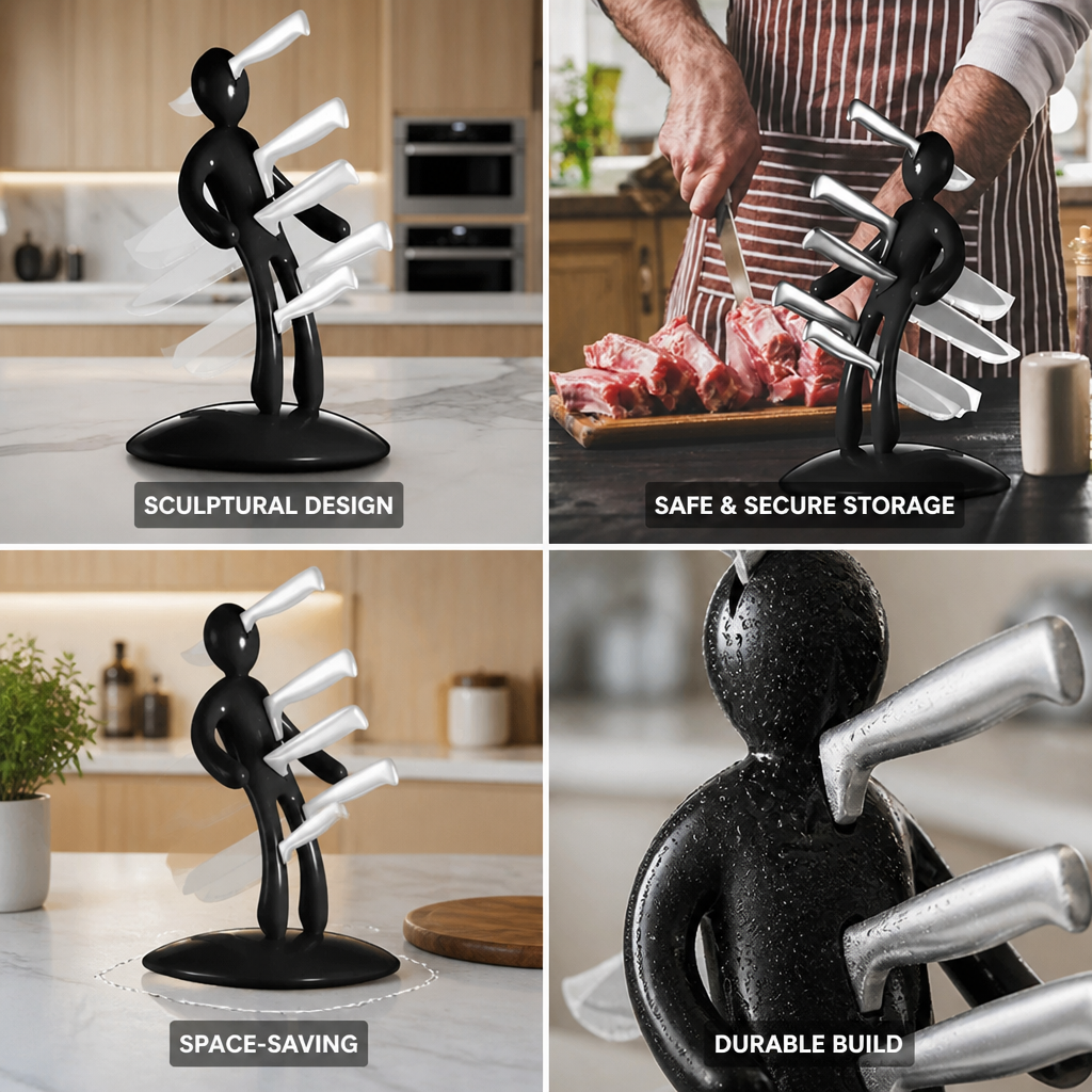 Knife Organizer Sculptural Humanoid Design Space-Saving Stainless Steel