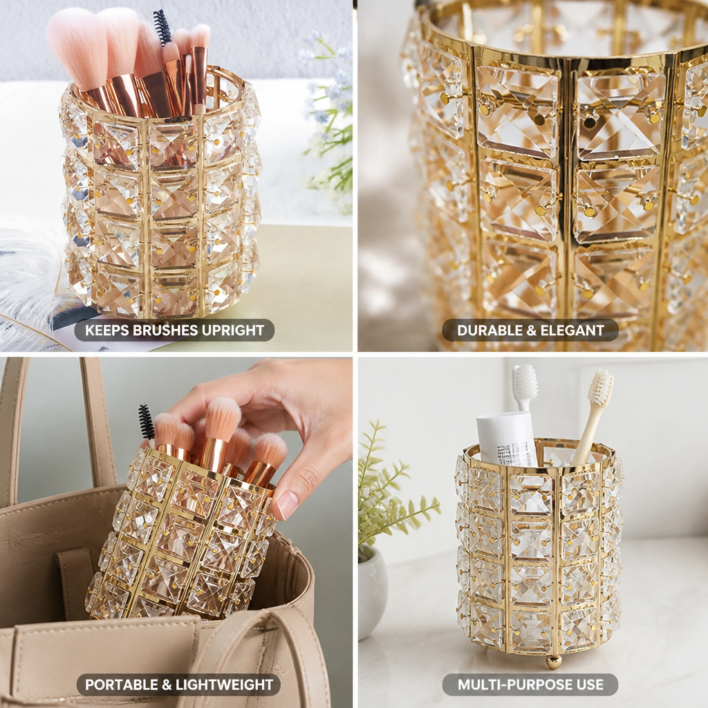 Makeup Brush Holder Crystal Bead Stainless Steel