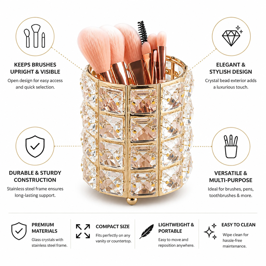 Makeup Brush Holder Crystal Bead Stainless Steel