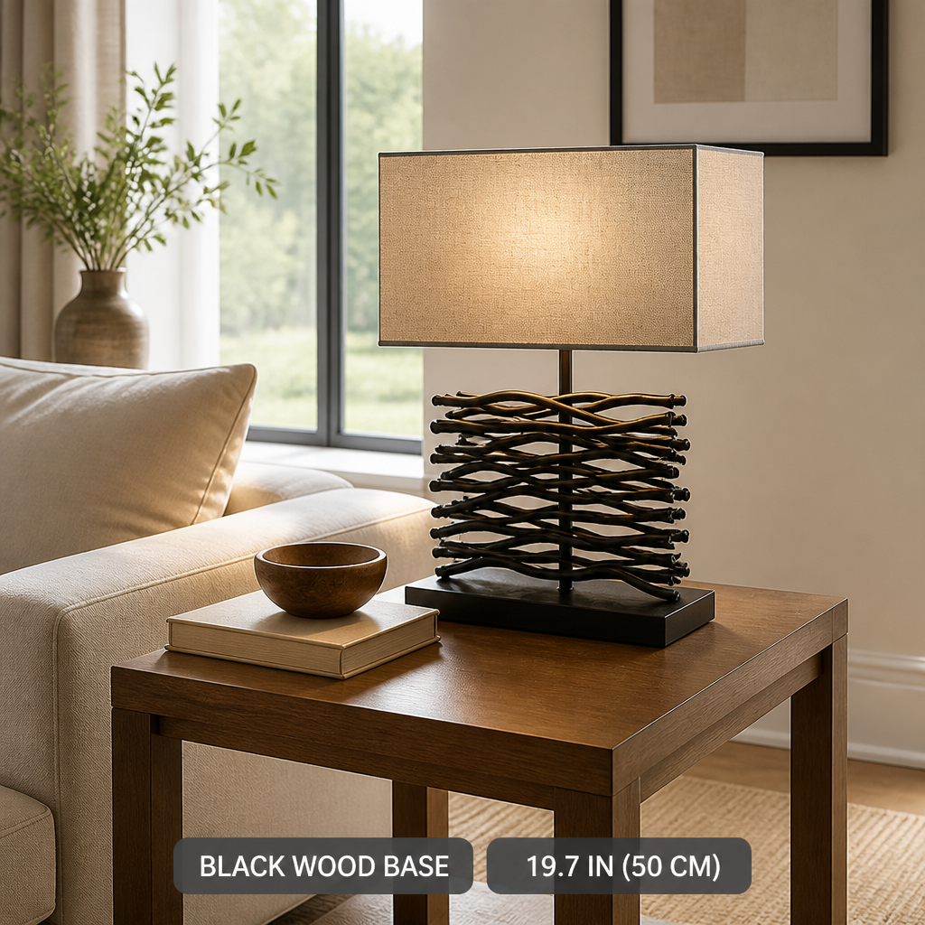 Minimalist Black Wood Fabric Shade Table Lamp