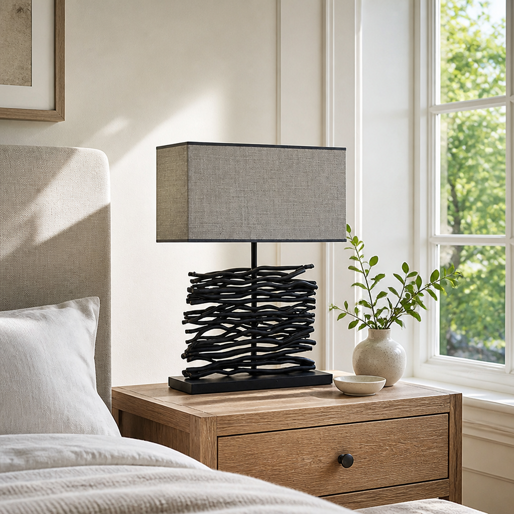 Minimalist Black Wood Fabric Shade Table Lamp