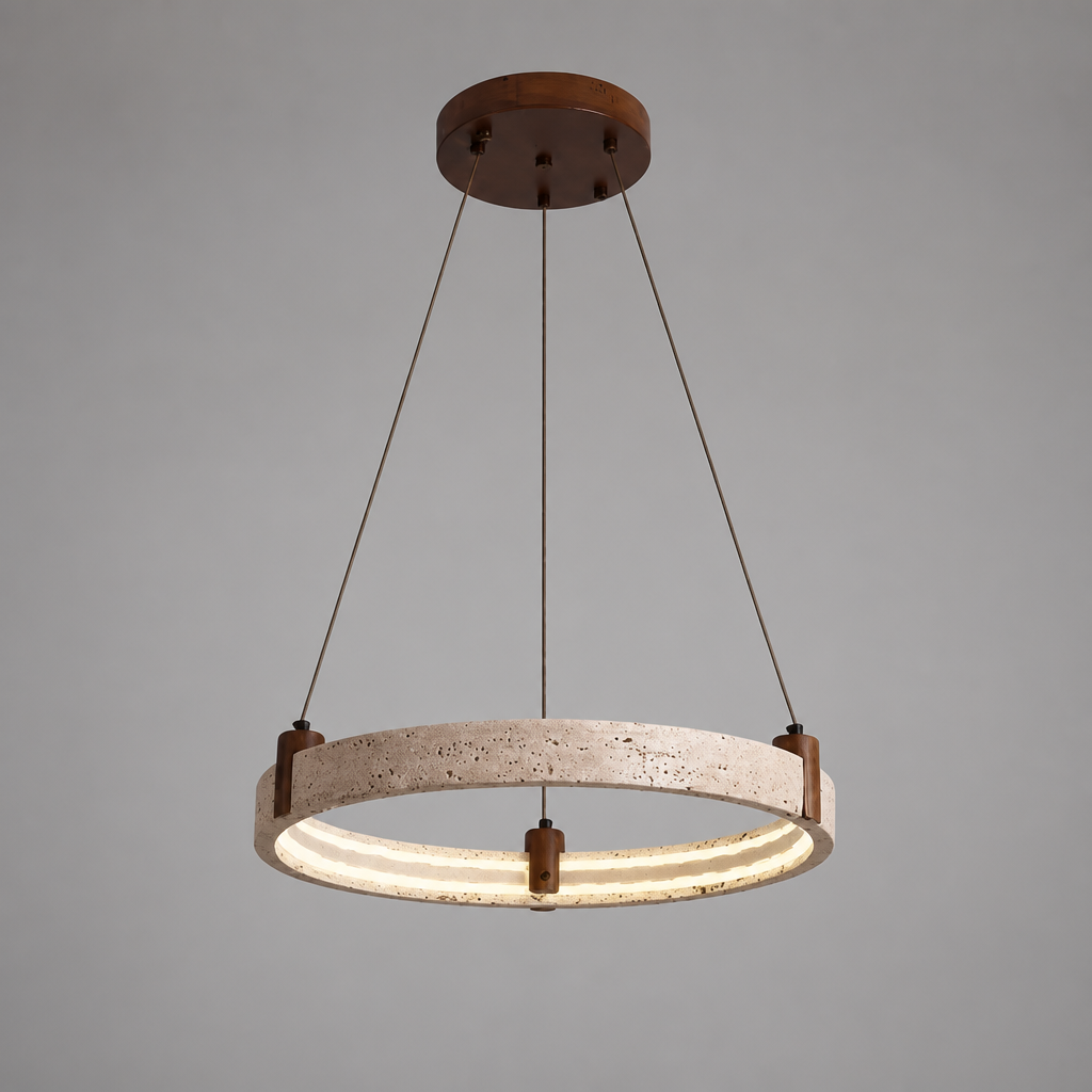 Minimalist Travertine & Wood LED Ring Pendant Light