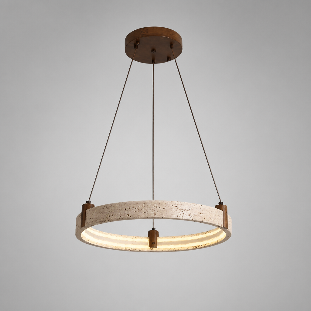 Minimalist Travertine & Wood LED Ring Pendant Light