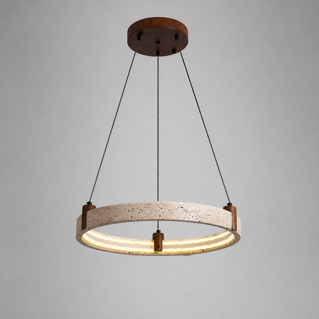 Minimalist Travertine & Wood LED Ring Pendant Light