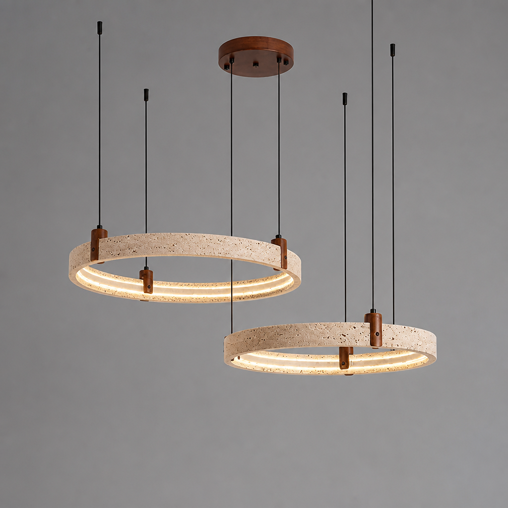 Minimalist Travertine & Wood LED Ring Pendant Light