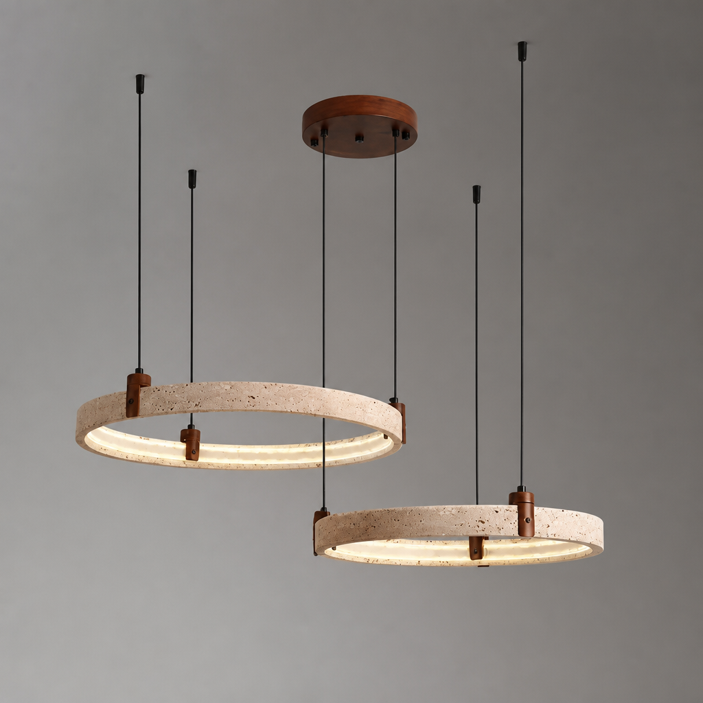 Minimalist Travertine & Wood LED Ring Pendant Light