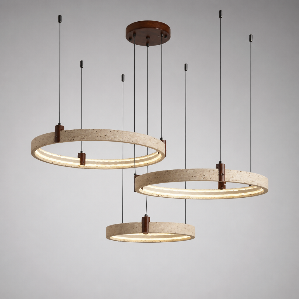 Minimalist Travertine & Wood LED Ring Pendant Light