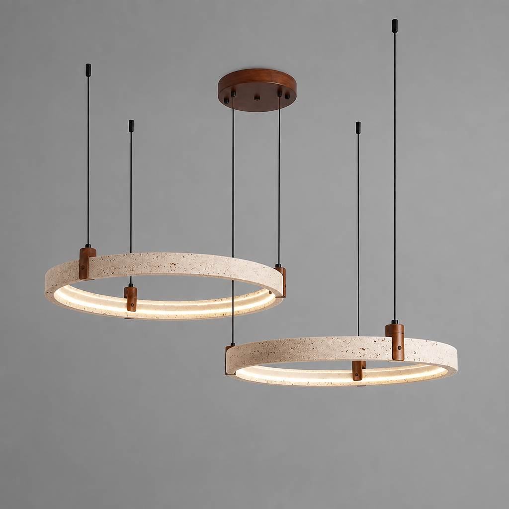 Minimalist Travertine & Wood LED Ring Pendant Light