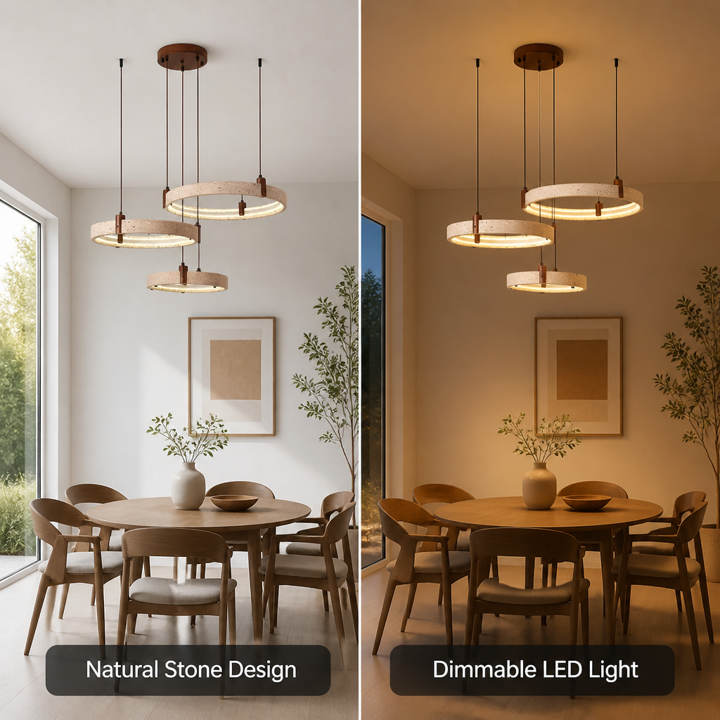 Minimalist Travertine & Wood LED Ring Pendant Light
