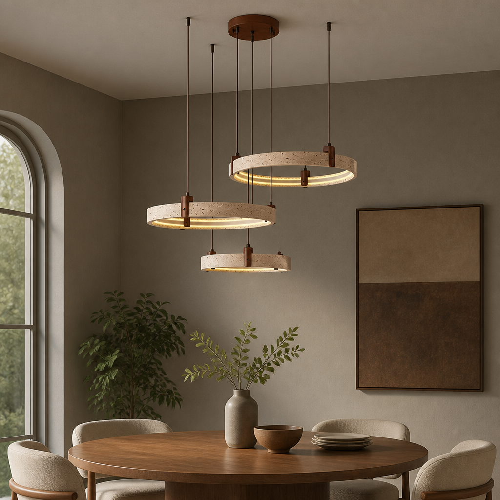 Minimalist Travertine & Wood LED Ring Pendant Light