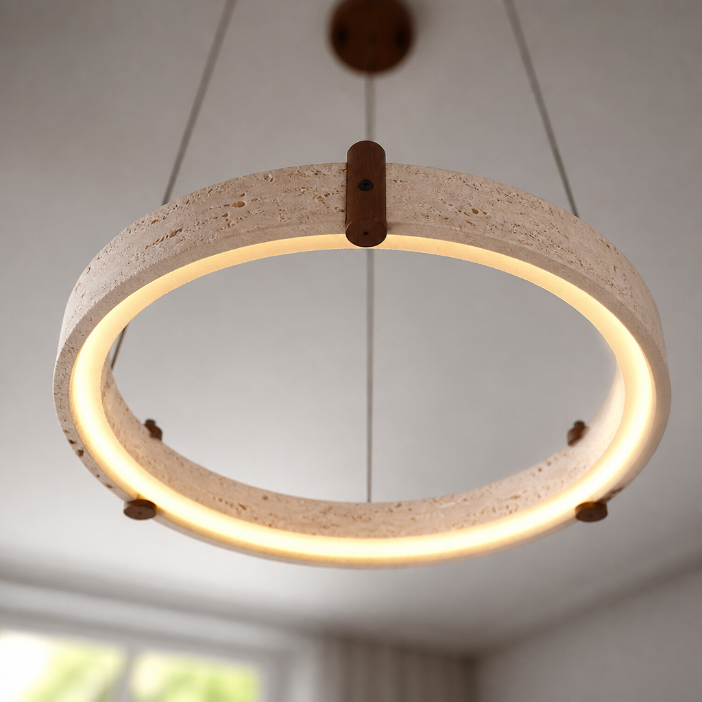 Minimalist Travertine & Wood LED Ring Pendant Light