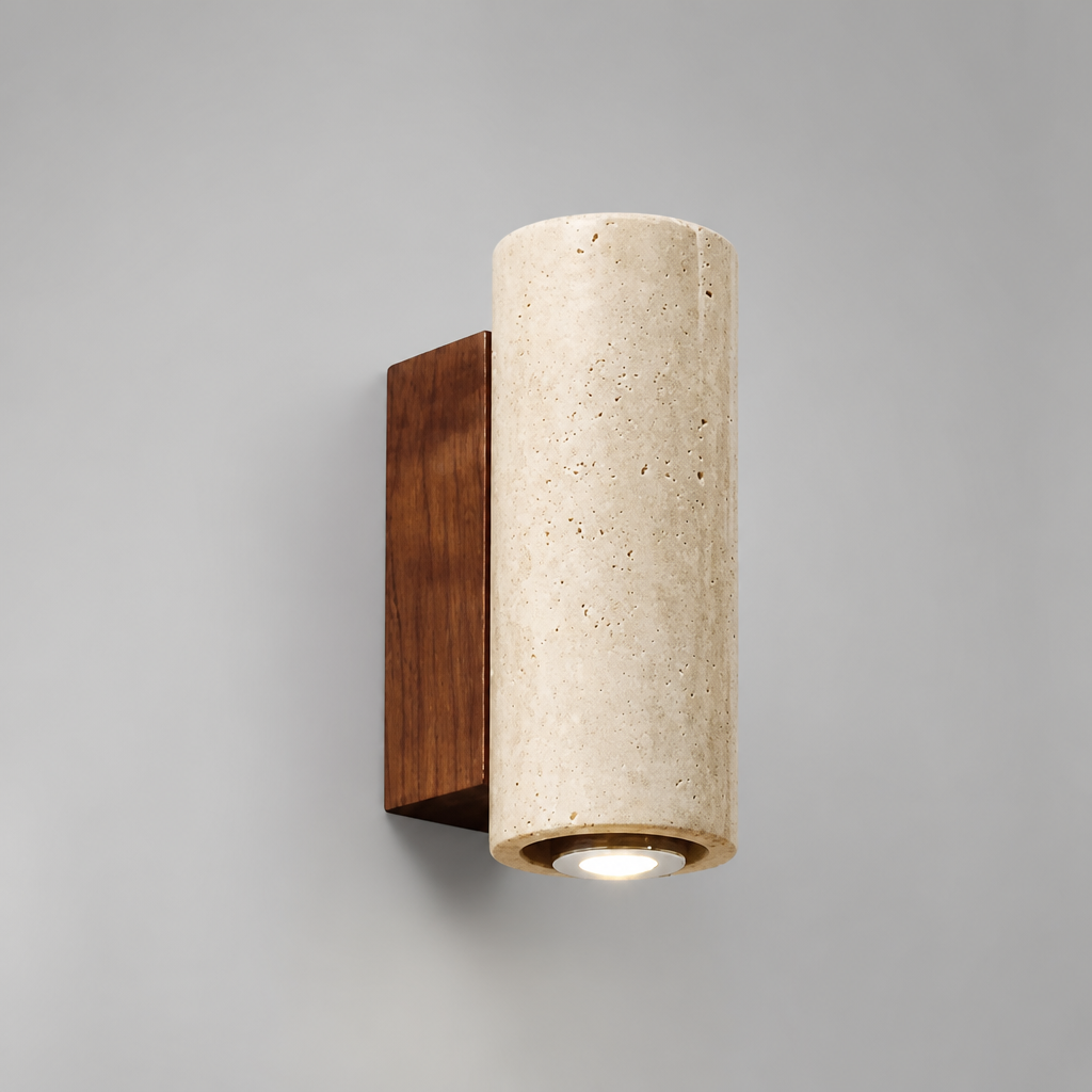 Minimalist Travertine & Wood LED Ring Pendant Light