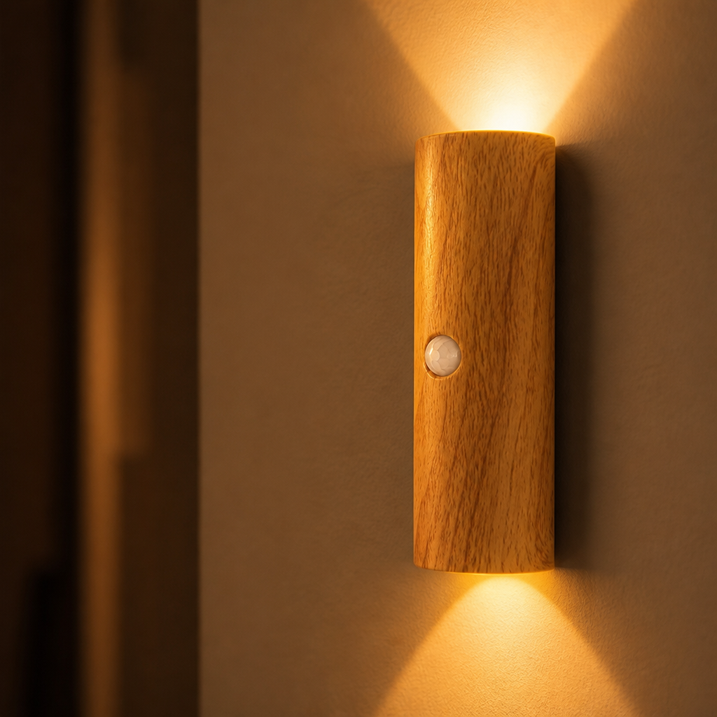 Minimalist Wood-Grain LED Motion Sensor Night Light