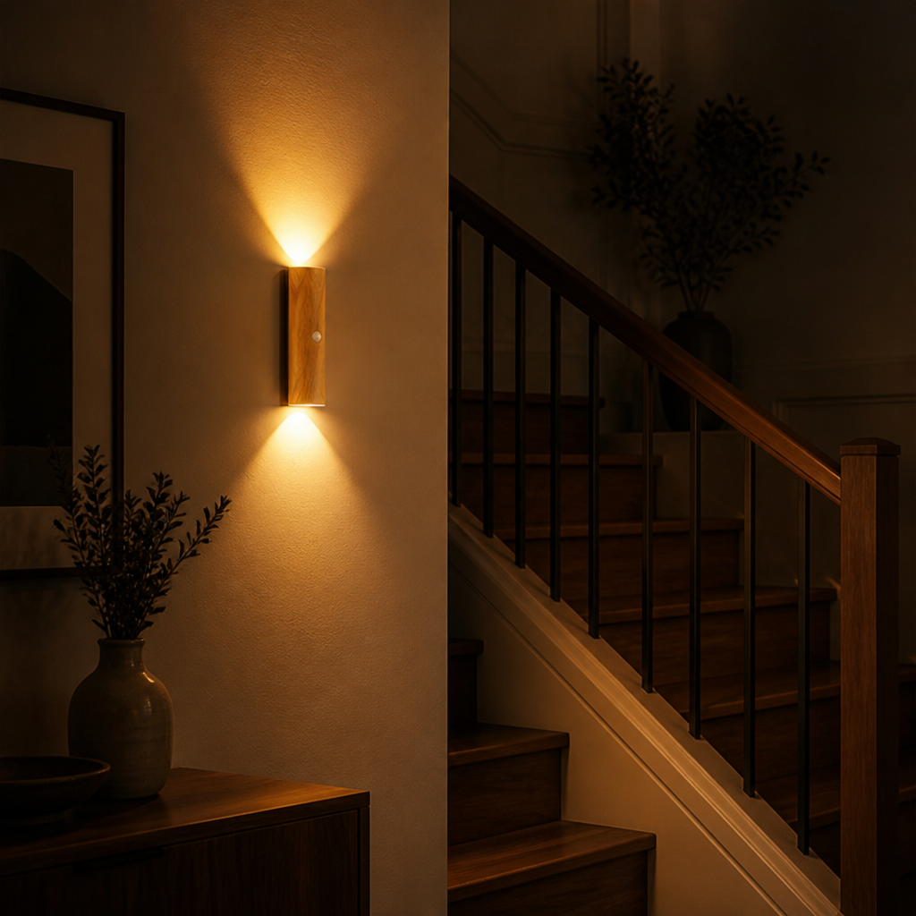 Minimalist Wood-Grain LED Motion Sensor Night Light