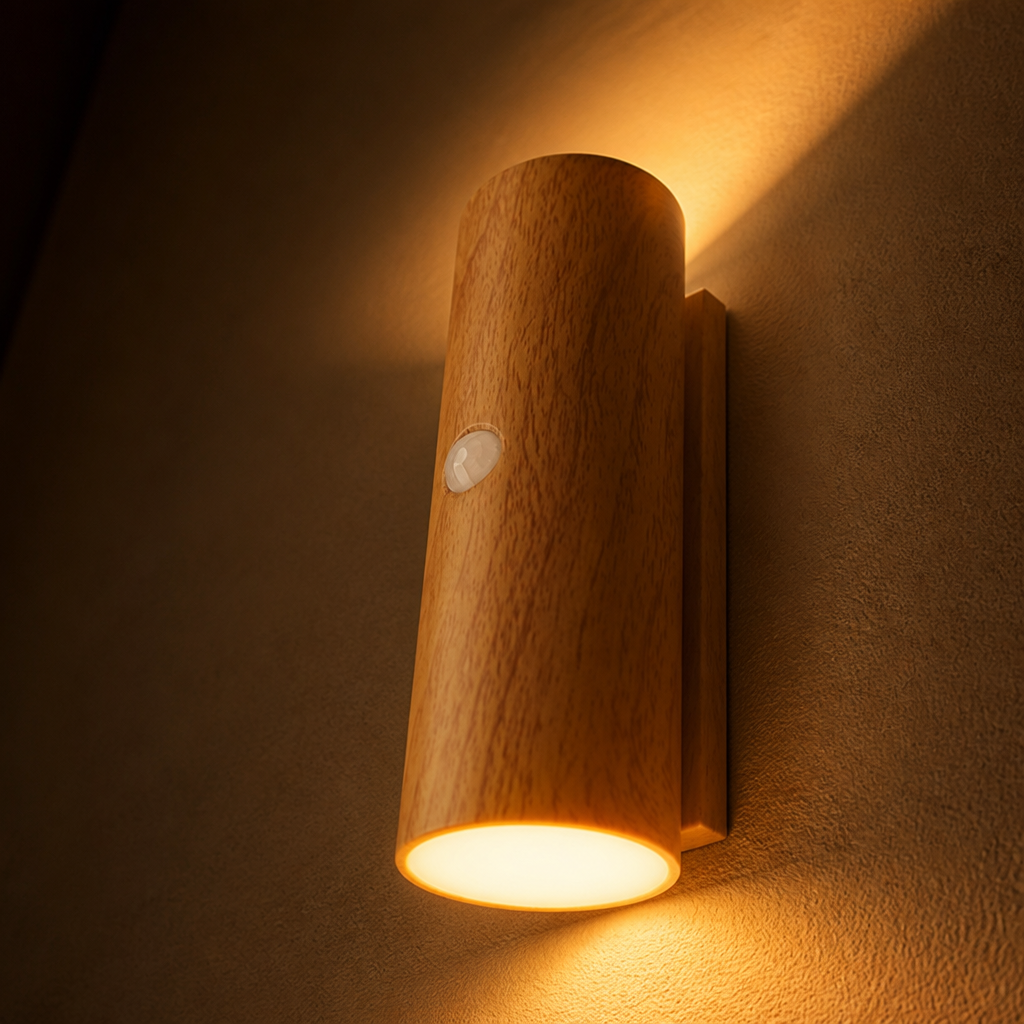 Minimalist Wood-Grain LED Motion Sensor Night Light