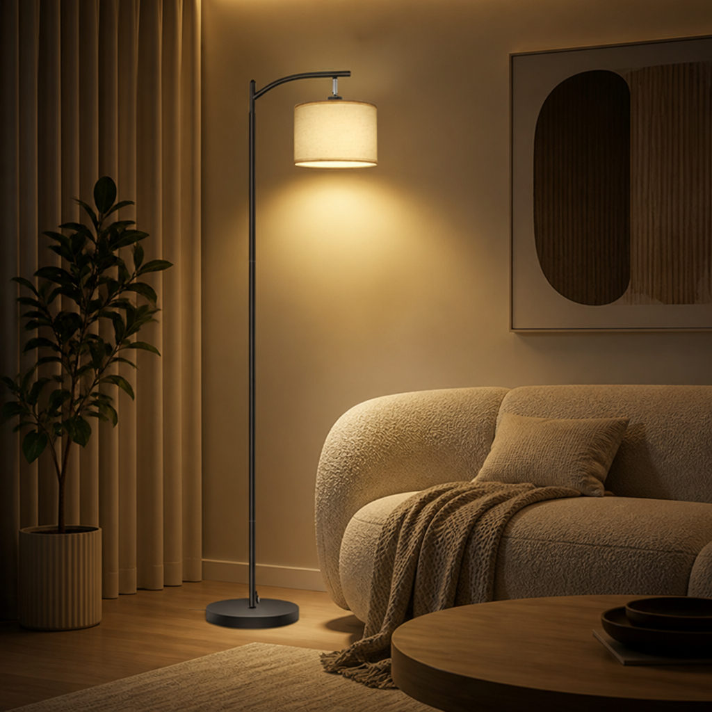 Modern Beige Linen Arc Floor Lamp