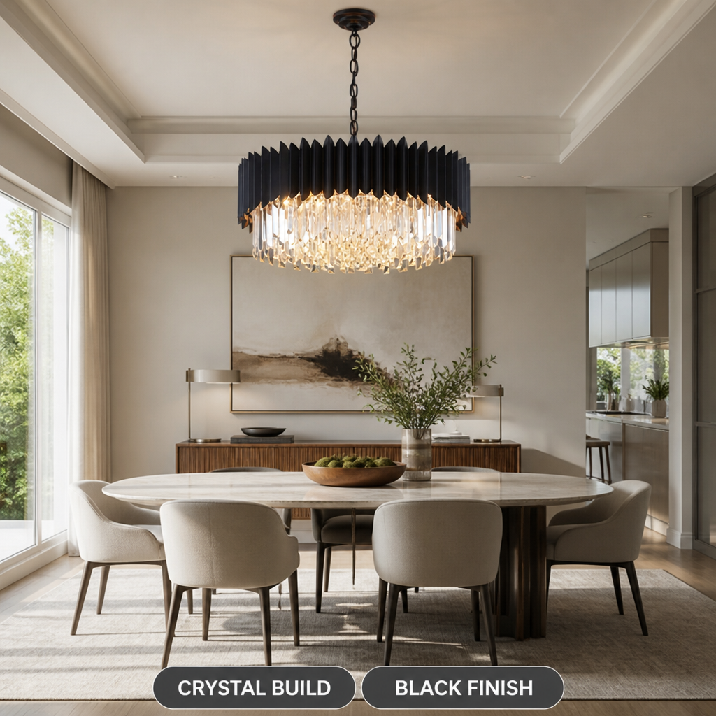 Modern Black Crystal Layered Circular Chandelier