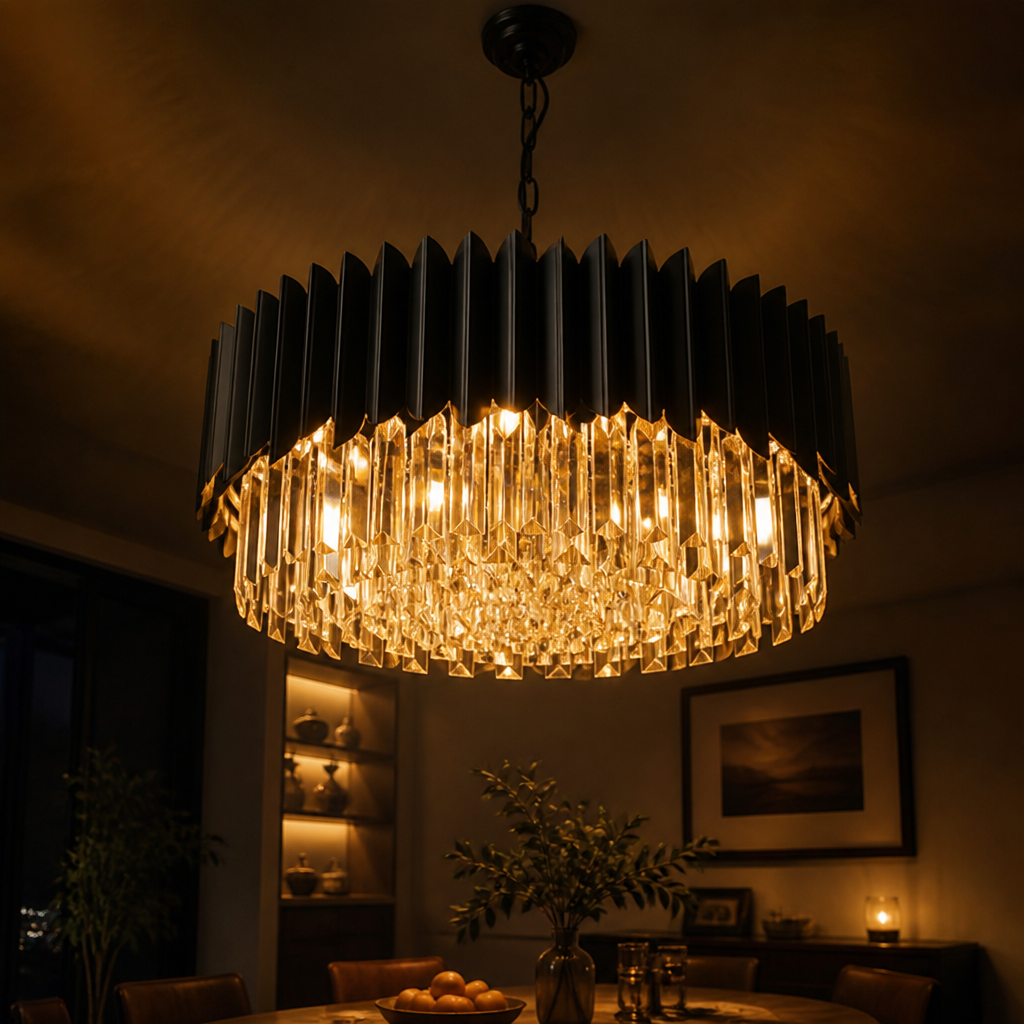 Modern Black Crystal Layered Circular Chandelier