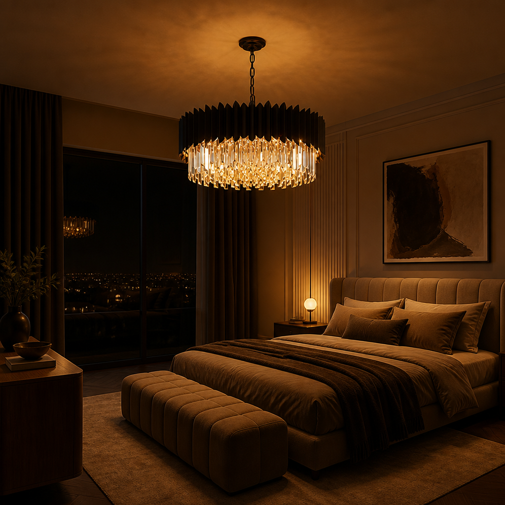 Modern Black Crystal Layered Circular Chandelier