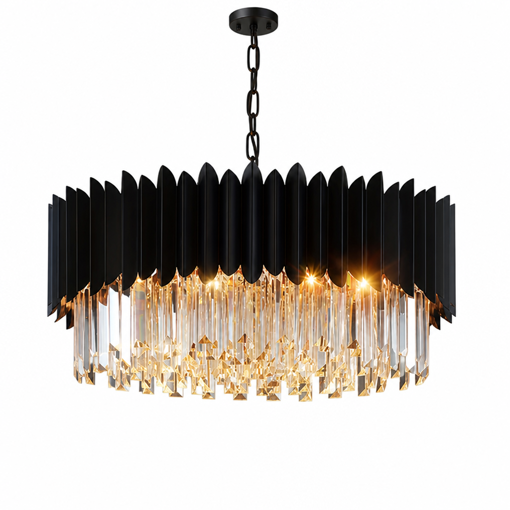 Modern Black Crystal Layered Circular Chandelier