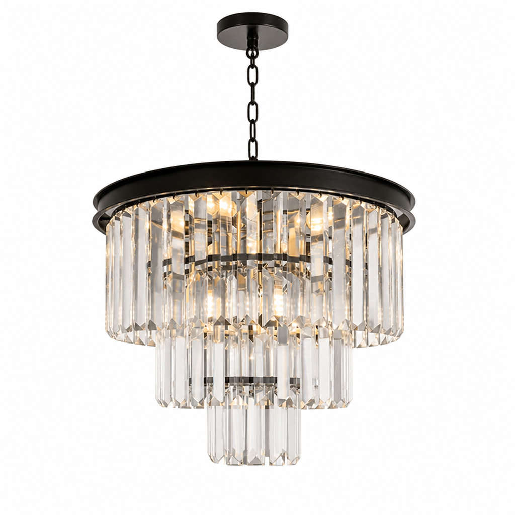 Modern Black Crystal Three-Tier Chandelier