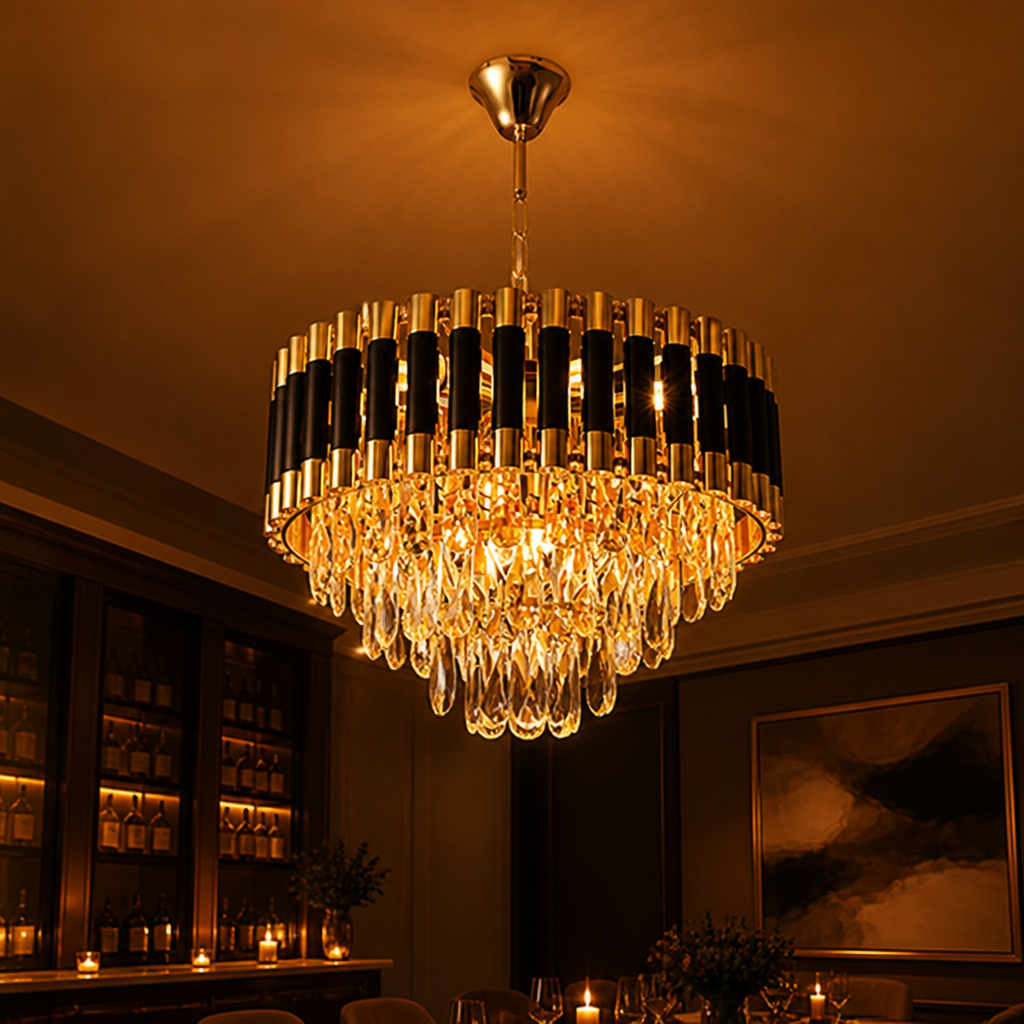 Modern Black & Gold Three-Tier Water-Drop Chandelier
