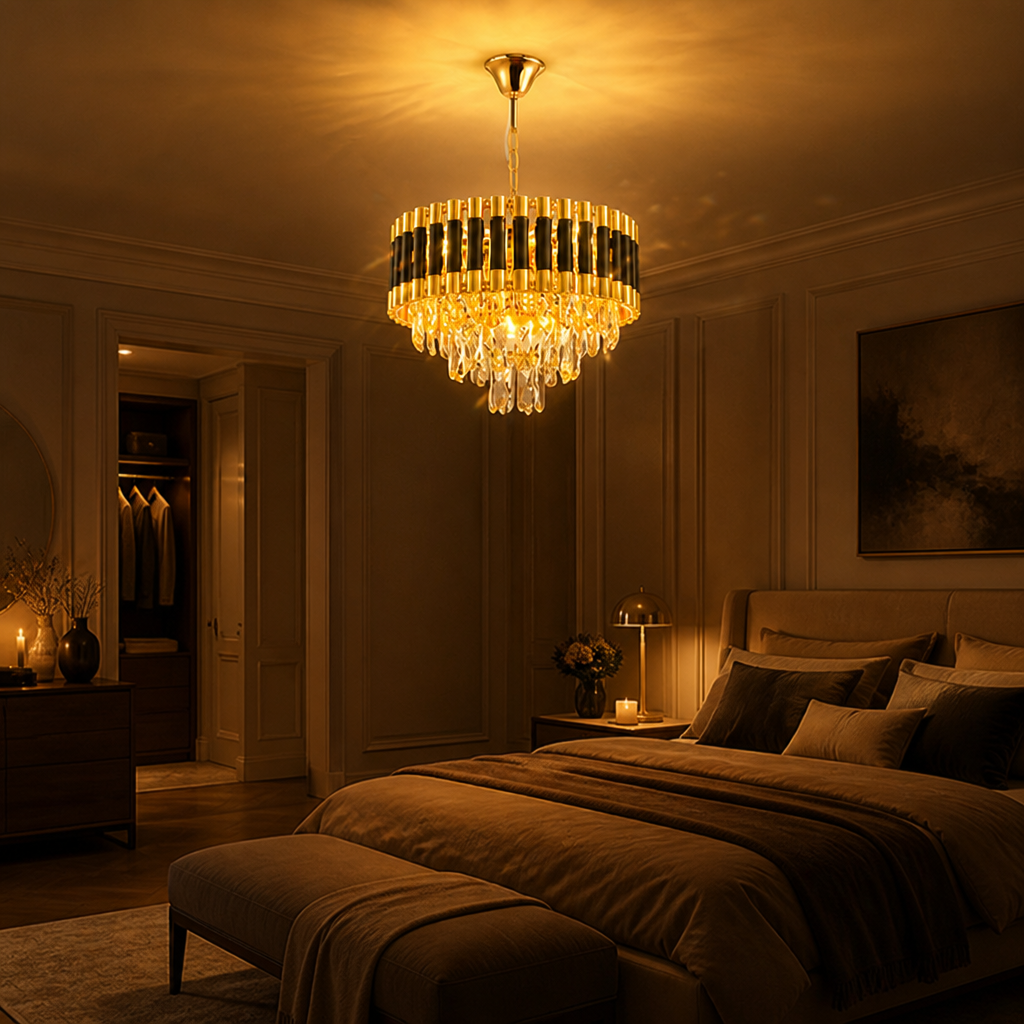 Modern Black & Gold Three-Tier Water-Drop Chandelier