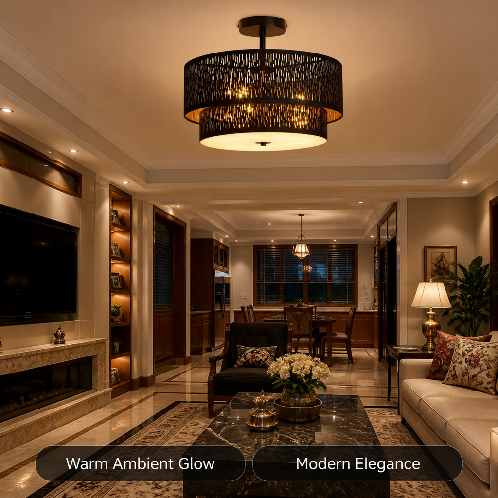 Modern Black Linen Perforated Drum Ceiling Light
