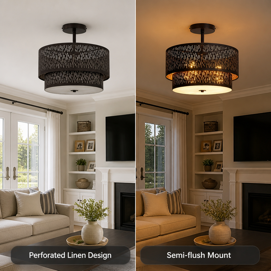 Modern Black Linen Perforated Drum Ceiling Light