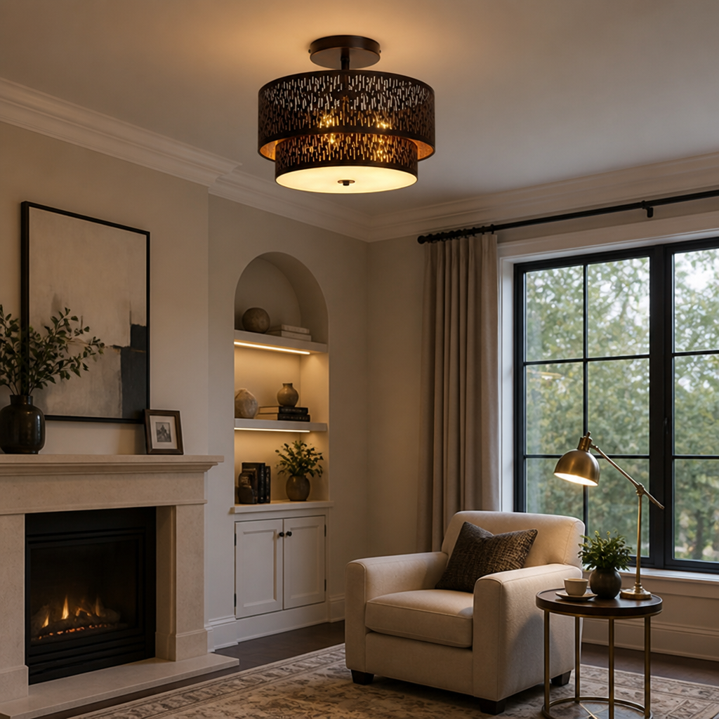 Modern Black Linen Perforated Drum Ceiling Light
