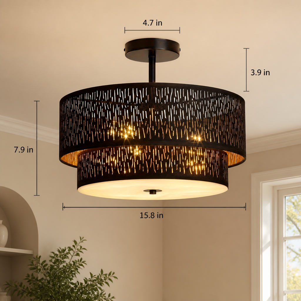 Modern Black Linen Perforated Drum Ceiling Light