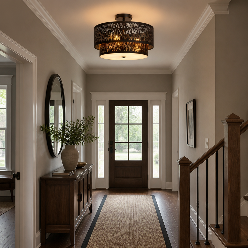 Modern Black Linen Perforated Drum Ceiling Light