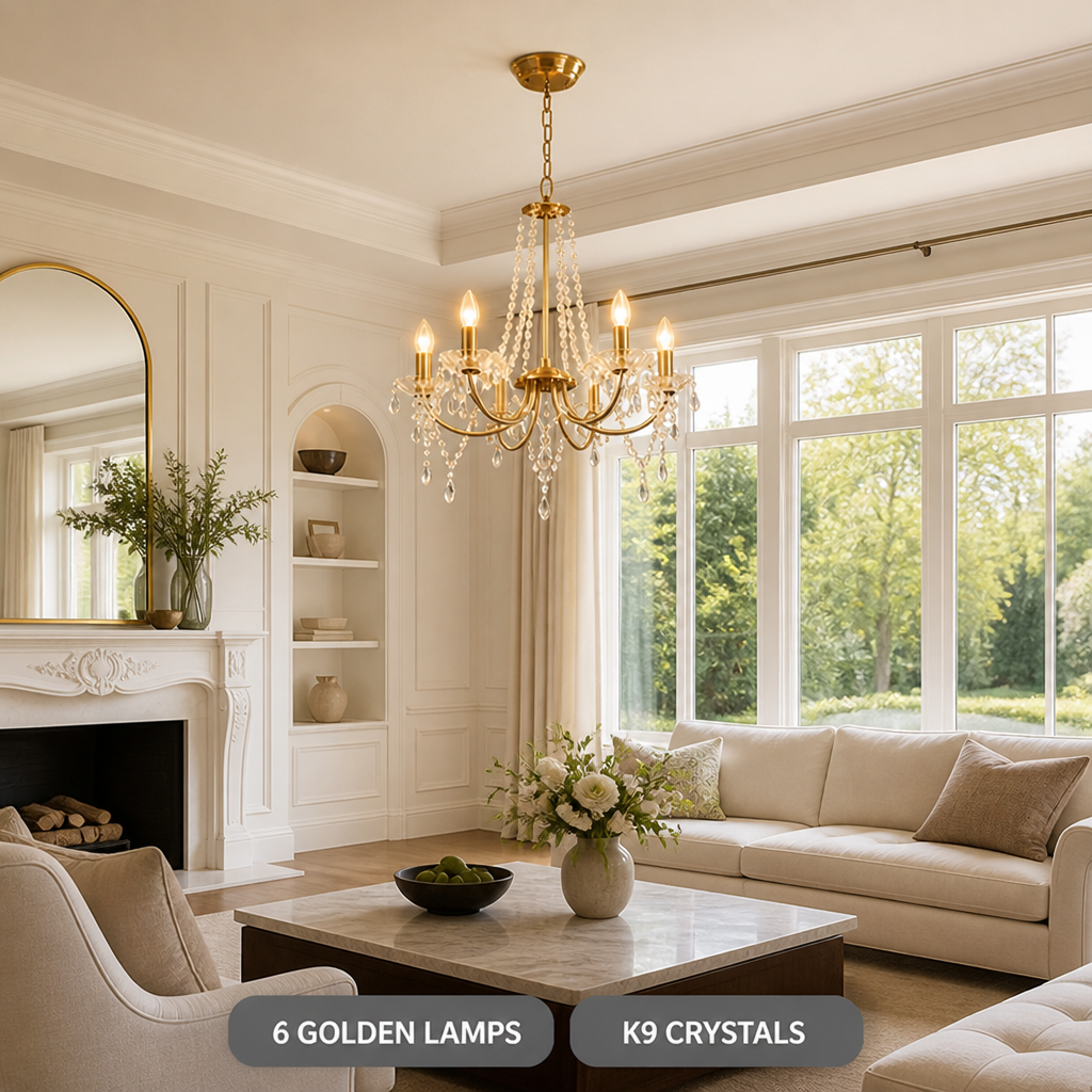 Modern Gold Crystal 6-Arm Chandelier