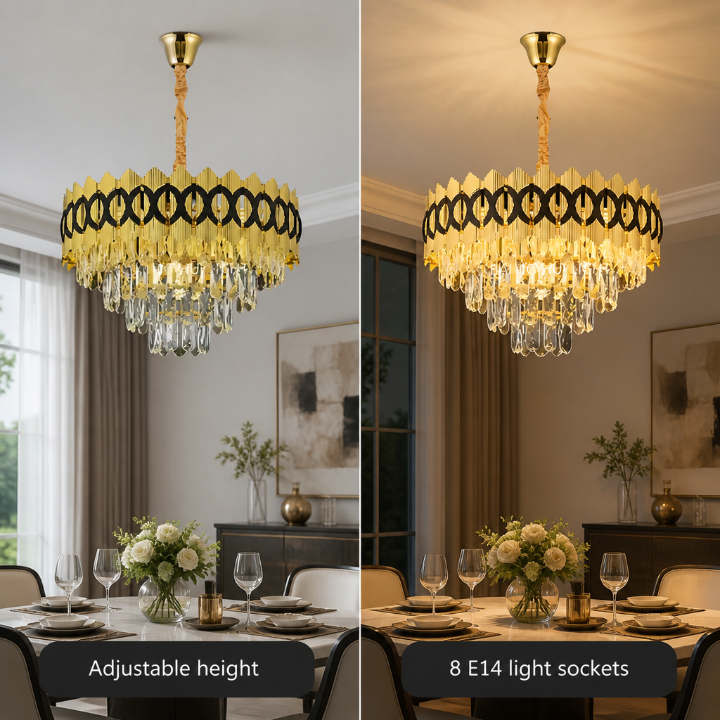 Modern Gold Crystal Adjustable Height Chandelier