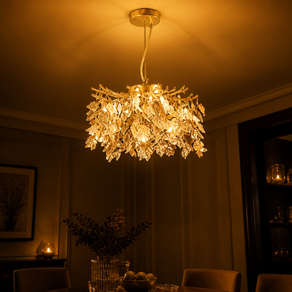 Modern Gold Crystal Maple Leaf Branch Chandelier