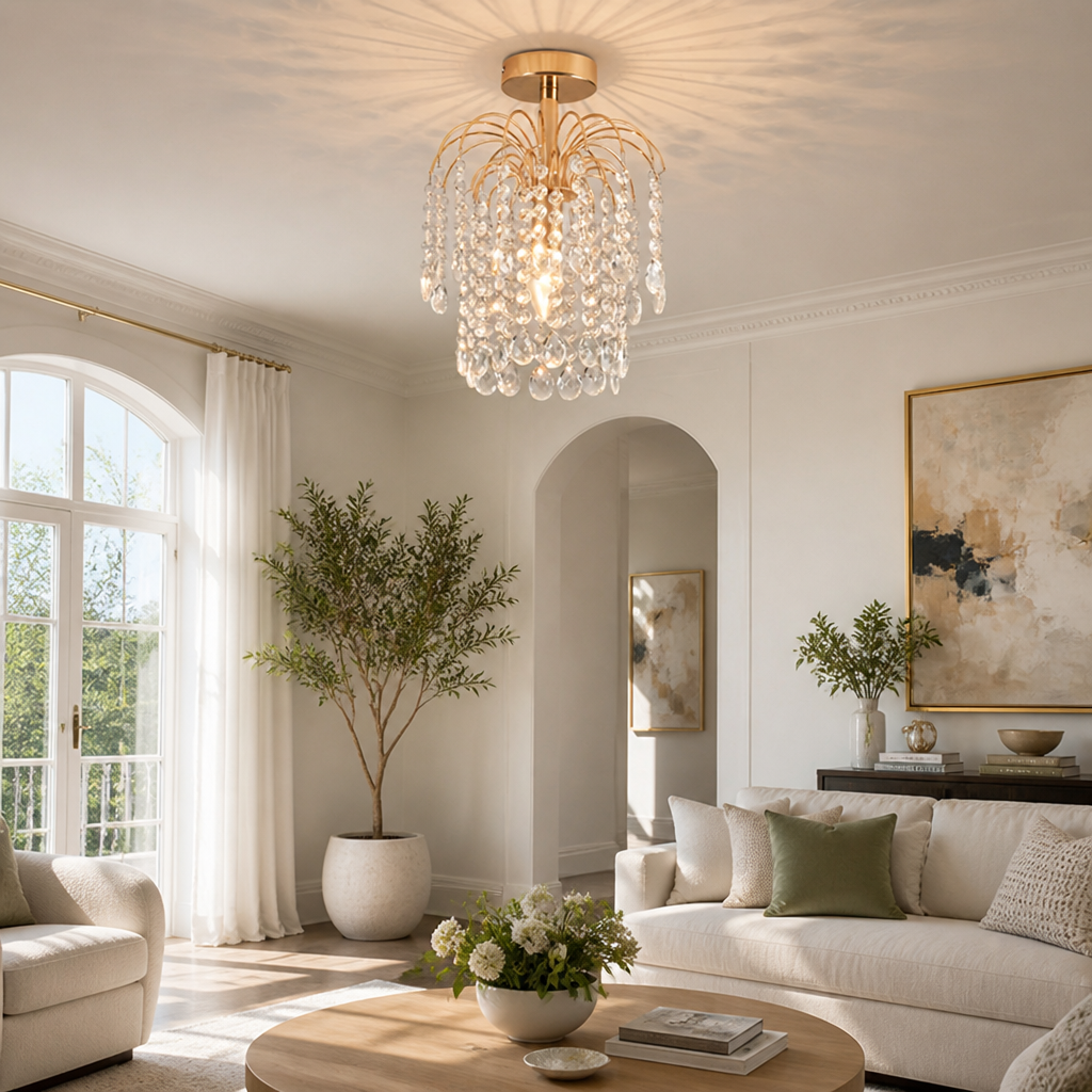 Modern Gold Crystal Semi-Flush Ceiling Light