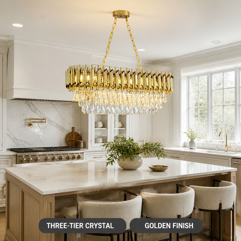 Modern Gold Crystal Three-Tier Oval Chandelier