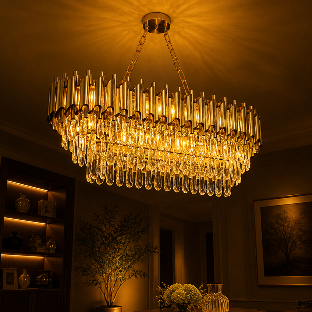 Modern Gold Crystal Three-Tier Oval Chandelier