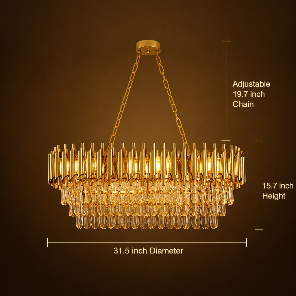 Modern Gold Crystal Three-Tier Oval Chandelier